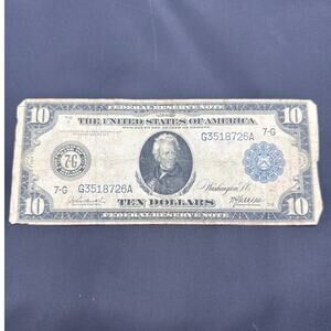 Vintage 1914 $10 Federal Reserve Note Blue Seal Large Bill Andrew Jackson